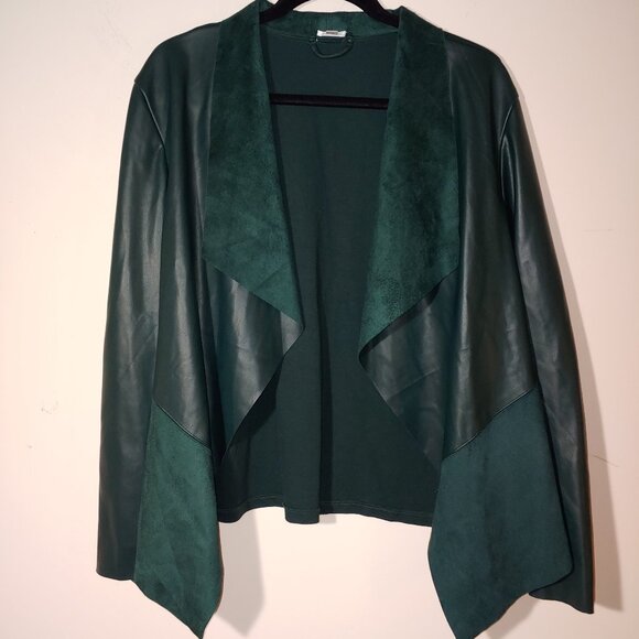 Dressbarn Mixed Media Faux Leather Front Cascade Open Front Cardigan Sz 1X Green - Picture 1 of 5